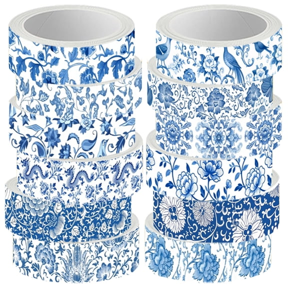 12 Rolls Blue Floral Decorative Tape Chinoiserie Washi Tape 0.6 Inch Vintage Flowers Pattern Decorative Adhesive Craft Rolls