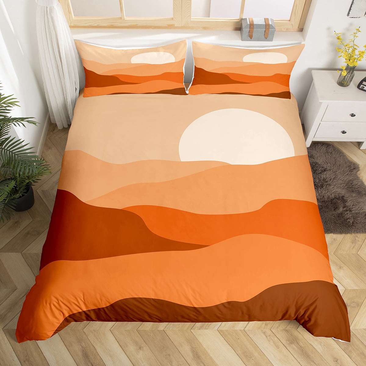 YST Mid Century Duvet Cover Queen Modern Bedding Set Abstract Minimalist Sunset Mountain Art Comforter Cover Boho Terracotta Nature Landscape Bed Cover with 2 Pillow Shams Zipper&Ties