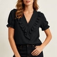 thumbnail image 4 of Cilsoka Women's Ruffle Trim Button Down Shirts Summer V Neck Puff Sleeve Cotton Linen Tops Casual Loose Fit Solid Blouse, 4 of 6