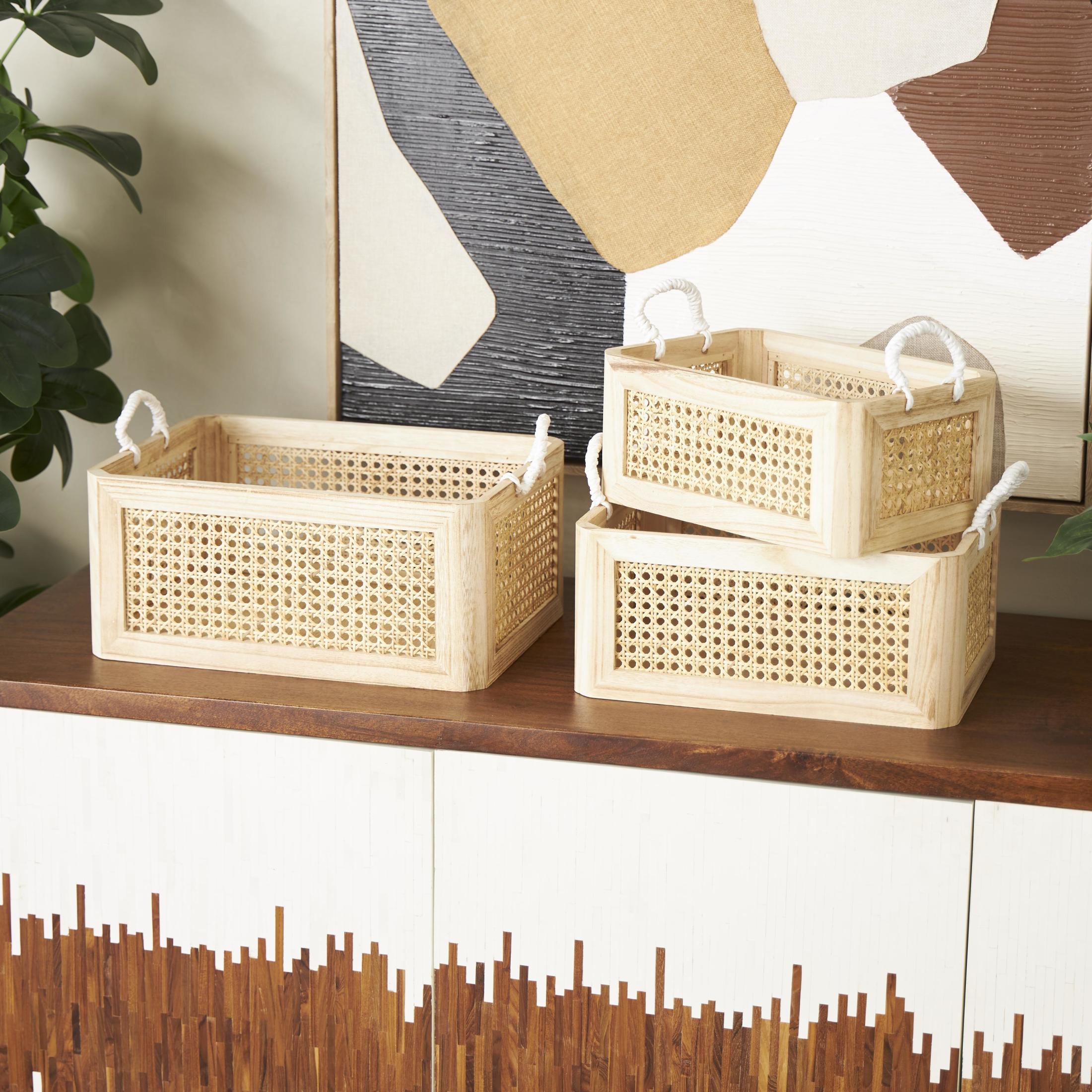 DecMode 16", 15", 13"W Brown Rattan Woven Storage Basket with Rope Handles, 3-Pieces