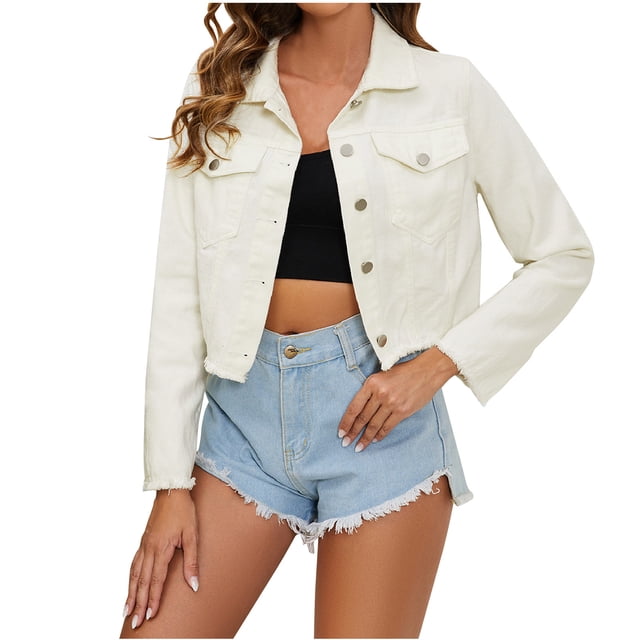 Yuyuzo Women Jean Jacket Lapel Collar Cropped Long Sleeve Open Front Button down Jacket with Pockets