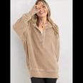 thumbnail image 4 of Sudadera con Capucha de Larga Extragrande para Mujer, Cuello en V, Botones y Abertura Lateral, Estilo Informal. Caqui M, 4 of 9
