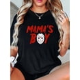 thumbnail image 1 of Casual Crew Neck T-Shirt for Women with "Mama's Boy" Geometric Jason Mask Print, Knitted Polyester-Spandex Blend, Medium Stretch Fabric, Fashionable Short Sleeve Tee for All Seasons, 1 of 8