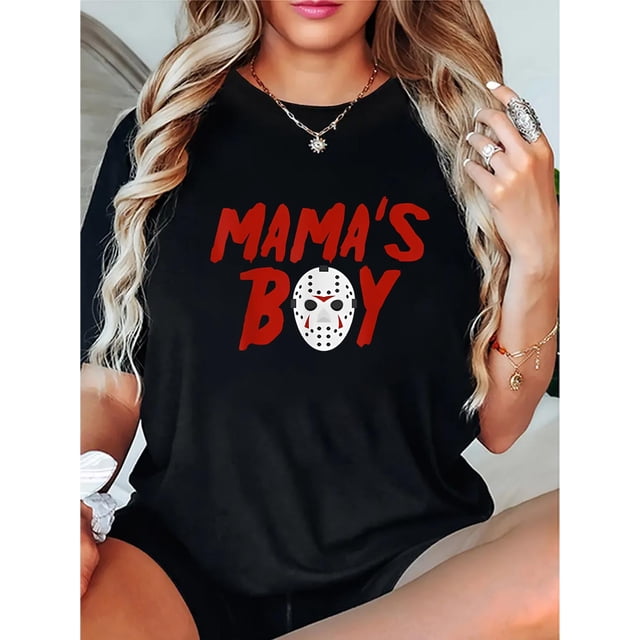 Casual Crew Neck T-Shirt for Women with "Mama's Boy" Geometric Jason Mask Print, Knitted Polyester-Spandex Blend, Medium Stretch Fabric, Fashionable Short Sleeve Tee for All Seasons