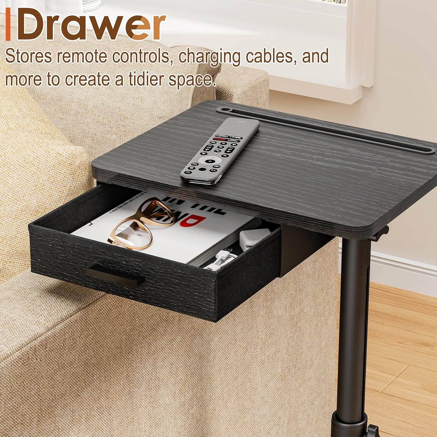 TV Tray Table with Swivel Top, Drawer, and Height Adjustment for Eating, Working, or as a Sofa Desk in Living Room or Bedroom