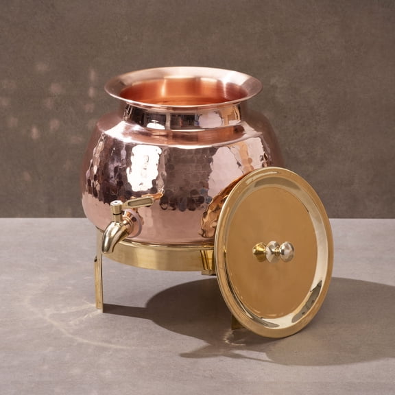 P•TAL Copper Water Dispenser 1.2 Gallons | 100% Pure Copper Pot Heavy Gauge and Hammered with Prefitted Leakproof Brass Spigot, Lid and Stand