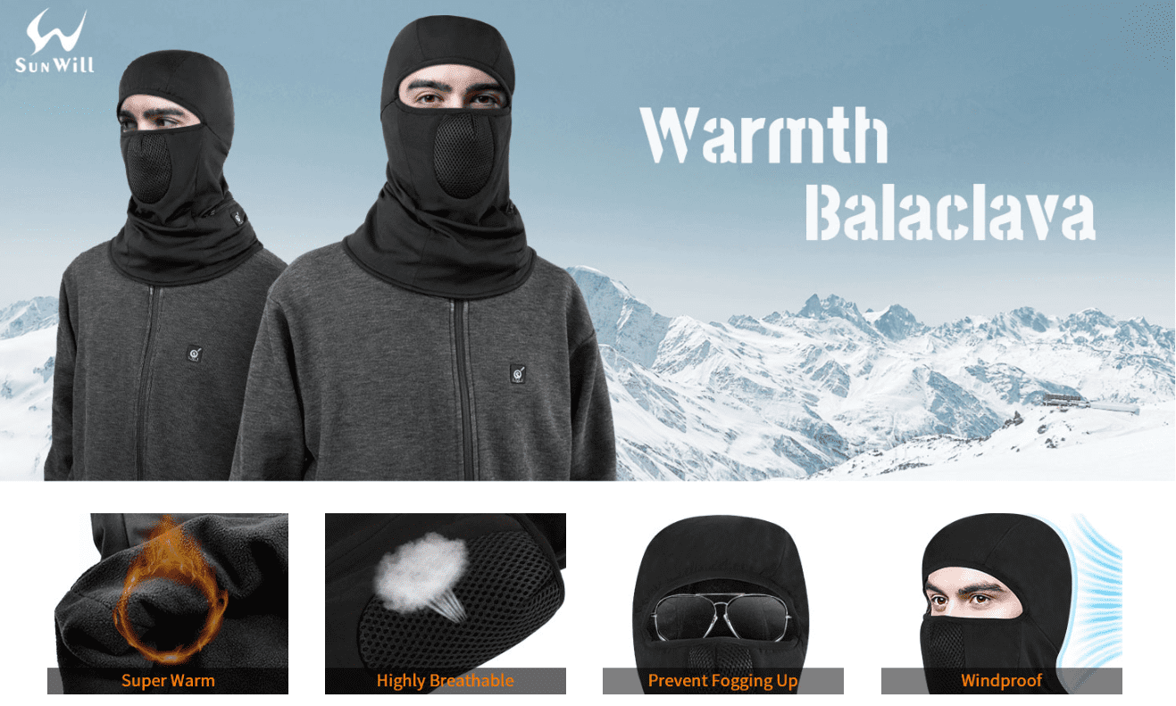 SUN WILL Heated Ski Mask Balaclava for Men & Women, Electric Heated Face Mask,Winter Outdoor Black Windproof