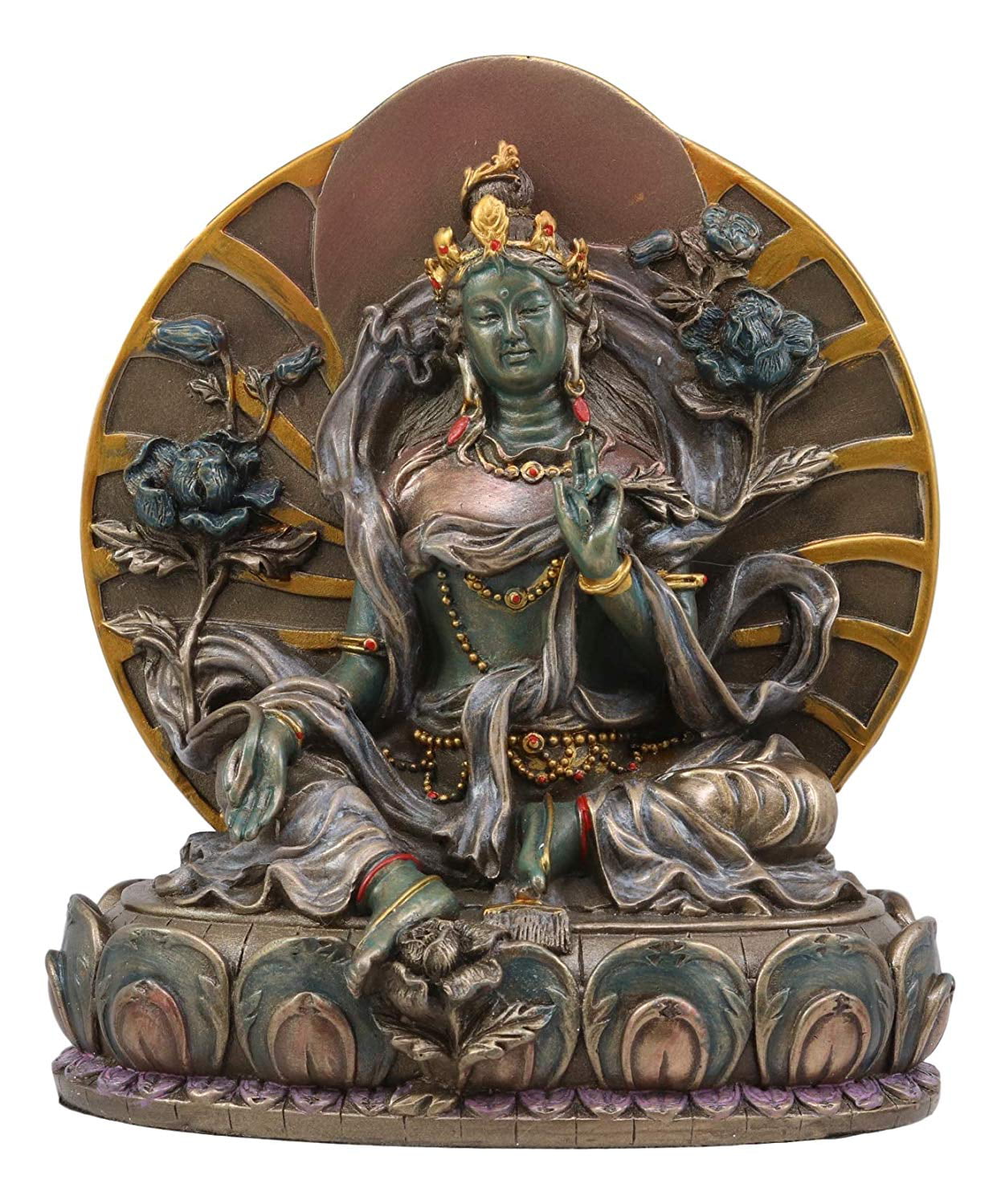 Tibetan Buddhist Handcrafted Bronze Cloisonne Green TaRa Kwan-yin Buddha Statue 