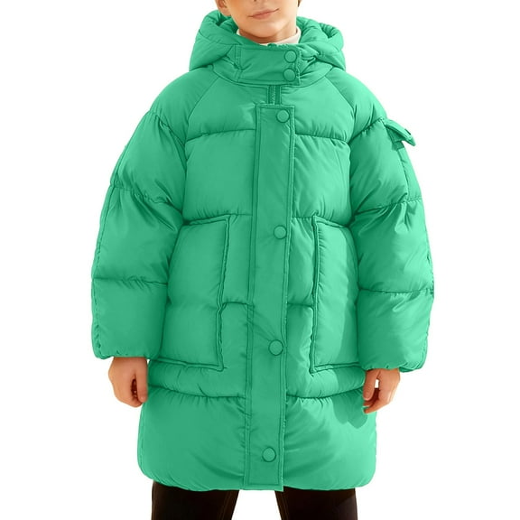 HNMKIU Winter Girls Hooded Long Down Coat Thickened Warm Padded Jacket Winter Coats for Girls Outerwear for Cold Weather and Comfort 3-14 Years Green,4-5 Years