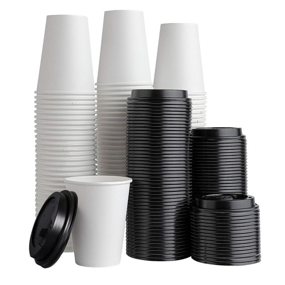 RSR TOGO Disposable Coffee Cups with Lids, 12 oz, 100 Pack, Paper, White