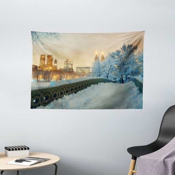 Winter Tapestry, Central Park Winter Skyscrapers and Snow Bow Bridge Manhattan New York, Wall Hanging for Bedroom Living Room Dorm Decor, 60W X 40L Inches, Orange White Olive Green, by Ambesonne
