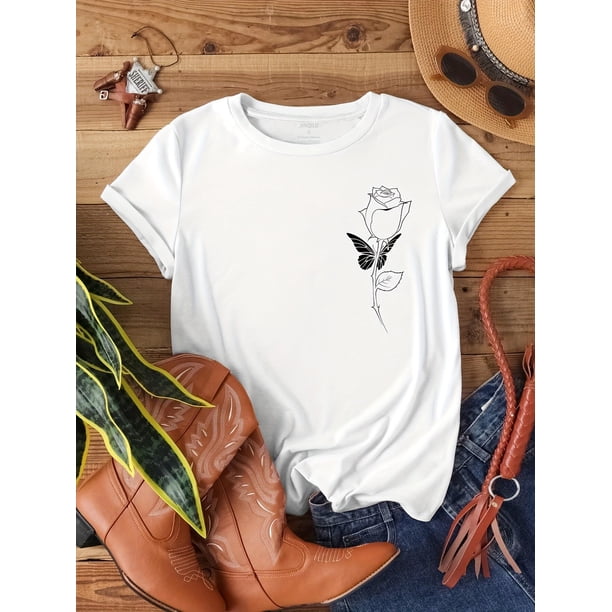 Rose Print Crew Neck T-shirt, Casual Short Sleeve Top For Spring & Summer, Women's Clothing