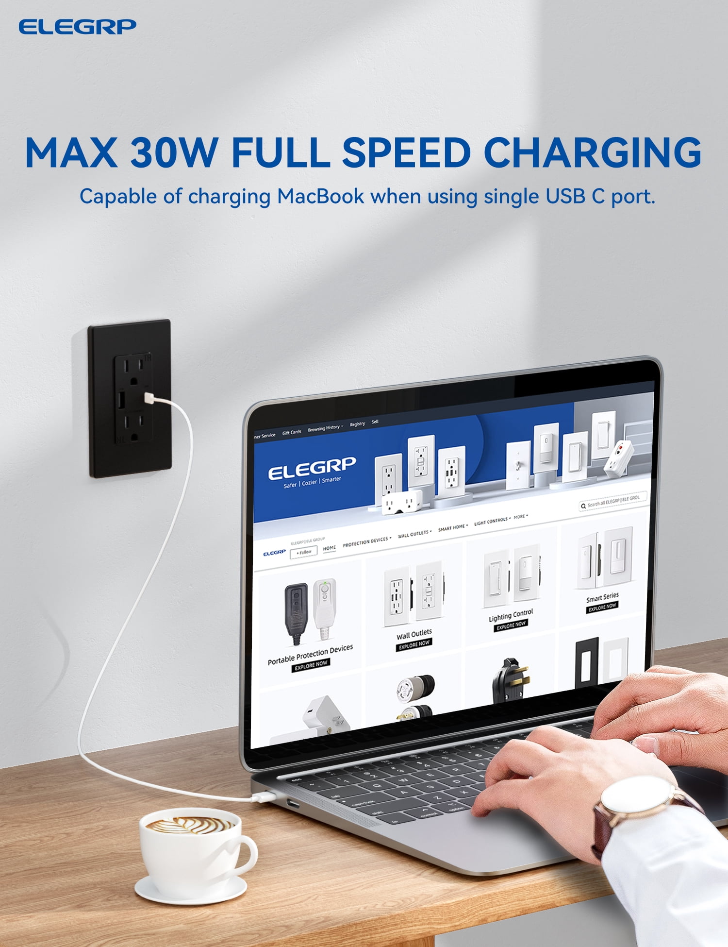 ELEGRP USB Outlets Receptacles, Each USB Port 30W Support Fast Charge Protocols for MacBook Air/iPhone/Samsung/iPad, 15 Amp Outlet with USB C Ports, Wall Plate included, UL Listed