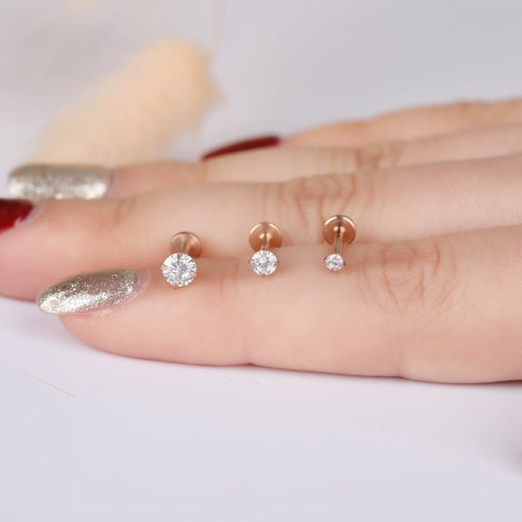 16G Tiny Rose Gold Screw On CZ Labret Stud, Flat Back Labret Stud, Tragus Stud, Flat Back Earring, Nose Stud, Tragus Stud, Helix Stud, Conch