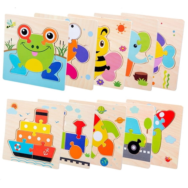 Rompecabezas de madera para educación temprana, rompecabezas de tráfico de animales de dibujos animados para niños de 1 a 2 a 3 años, juguetes educativos de iluminación para bebés