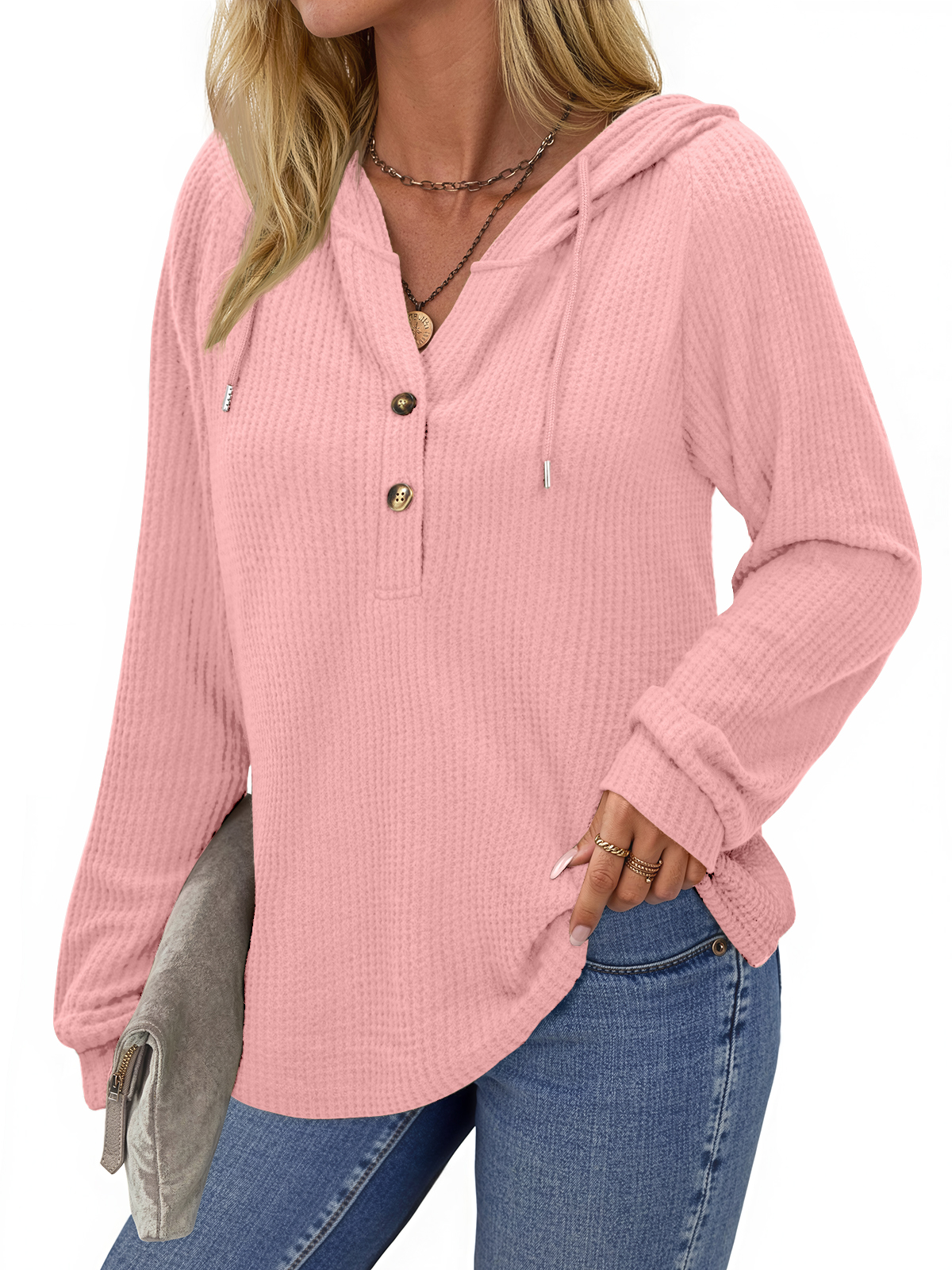Fantaslook Women's Waffle Knit Hoodie, Button V-Neck photo 2