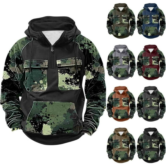 qolati Camouflage Hoodies for Men Color Block Lightweight Quater Zip Pullover Tops Vintage Sweatshirt Casual Long Sleeve Cargo Hoodies with Pockets Gray XL