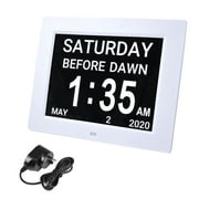 Yescom 8" Large Digital LCD Day Clock 8 Alarm Options Dimmable Calendar for Elderly Dementia Home Wall Table White