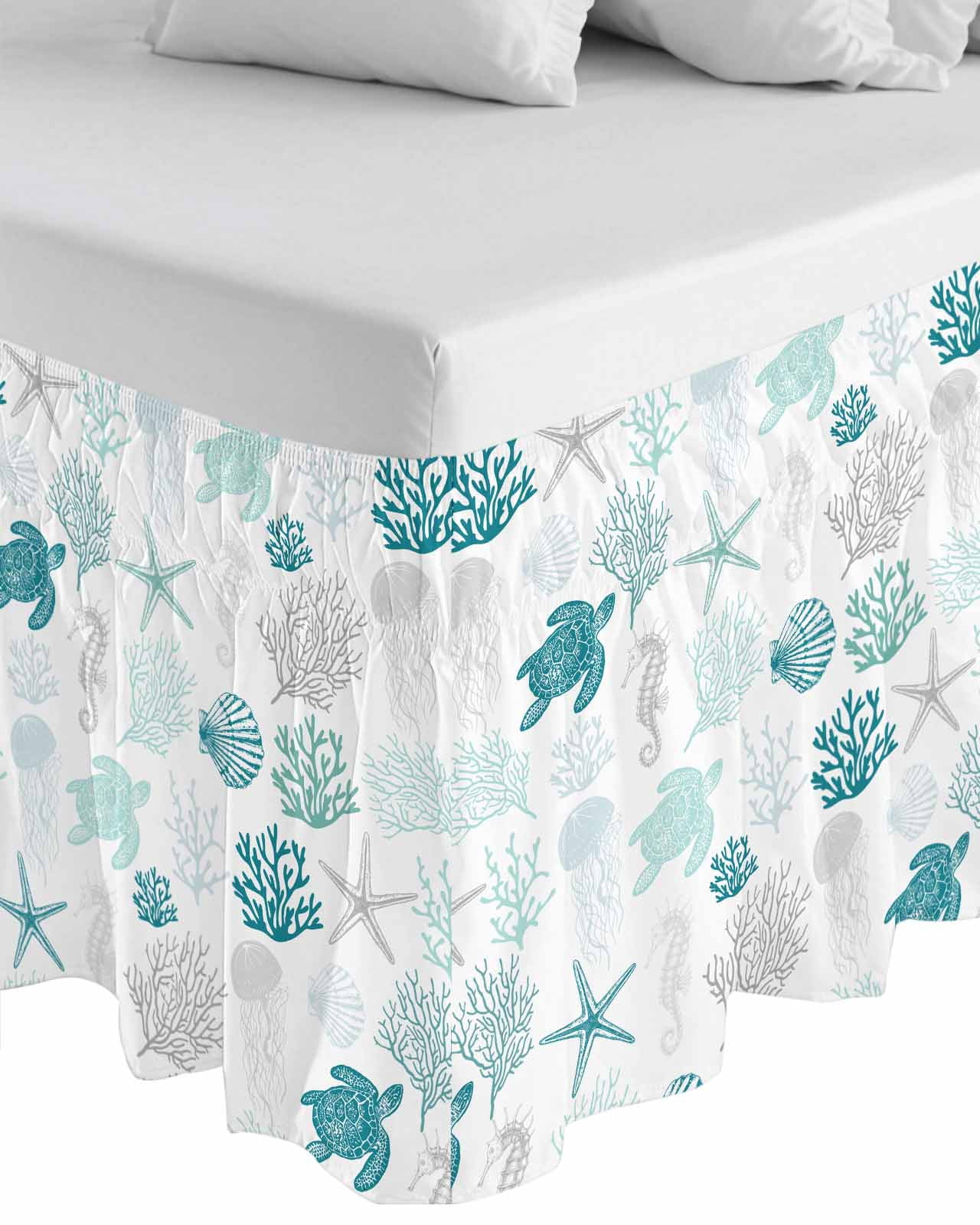 Turquoise Coastal Bed Skirt Queen Size,Nautical Summer Beach Coral Sea Turtle Wrap Around Bed Skirting with Adjustable Elastic Strap,Dust Ruffle Pleated Bedskirts 16 Inch Drop for Bedroom Queen Beds