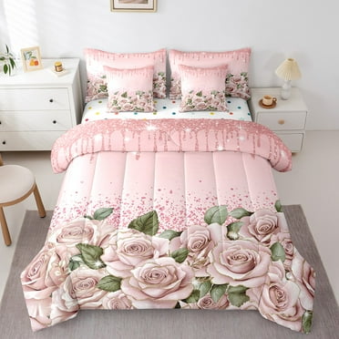Pink Rose Comforter Set 7 Piece Bed in a Bag Twin,Diamond Crystal Fluid Art Bedding Set Abstract Ombre Sheet Set with Comforter Romantic Garden Flowers Bed Set,Boho Floral Bohemian Decor