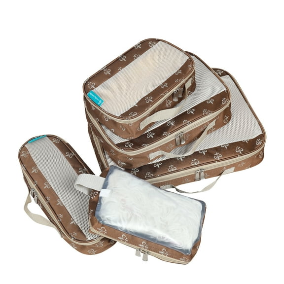 Handy Sandy Deluxe 5 PIECE Travel Organizing Packing Cube Set Brown Fleur de Lis