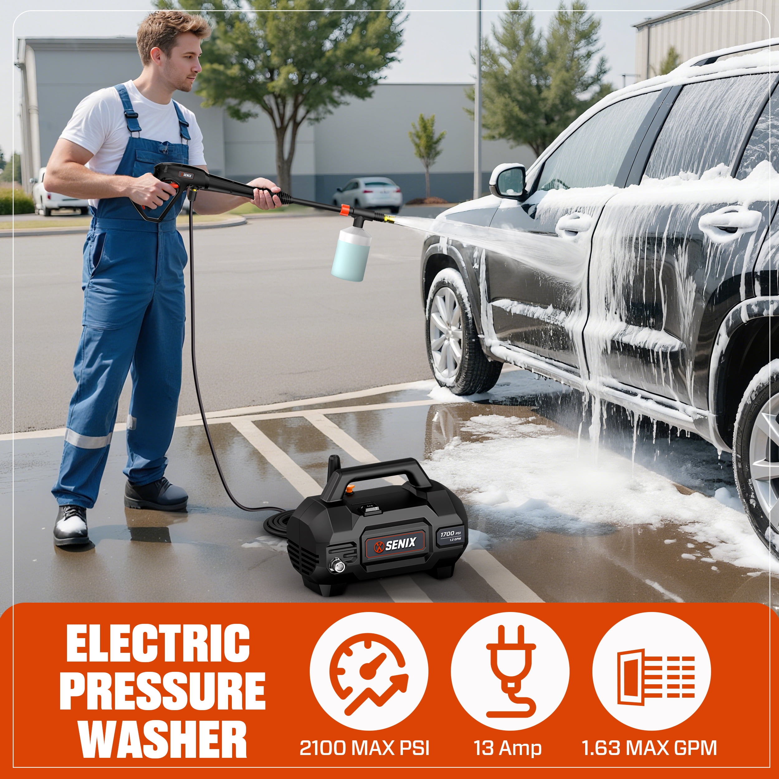 Senix 1700 PSI 1.2 GPM 13 Amp Electric Pressure Washer with Turbo Nozzle and Foam Cannon, Model HPWE13-L