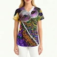 thumbnail image 3 of Mardi Gras Scrubs for Women Glitter Carnival Short Sleeve Workwear Feathers Print V Neck Holiday Nursing Top with Pockets Purple M, 3 of 4