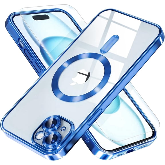 Entronix 2-in-1 Magnetic Shiny Clear Case Compatible with iPhone 14 Plus with Screen Protector, Navy Blue