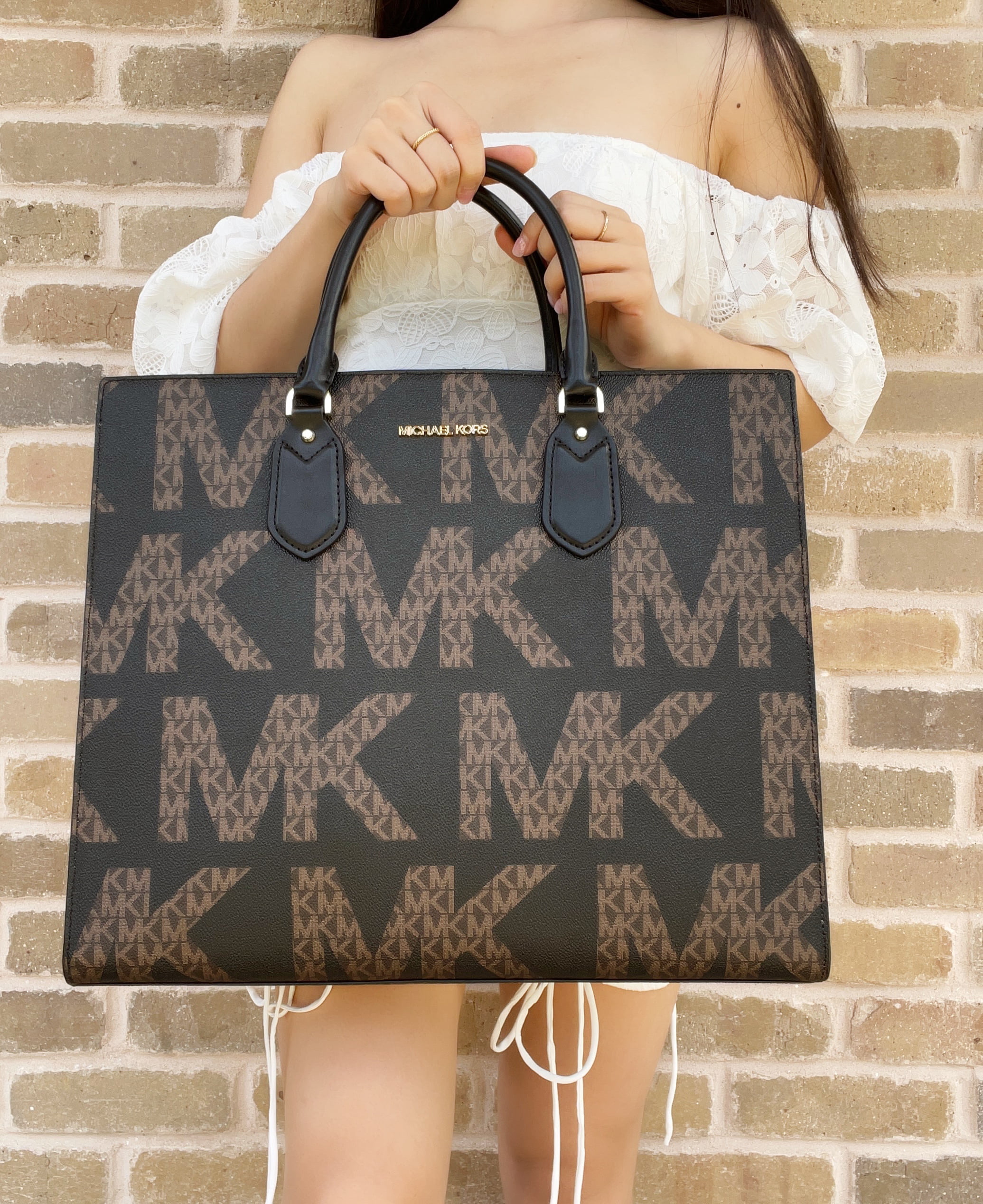 Michael Kors Everlyn Satchel Convertible Tote Black Brown Logo MK - Walmart.com