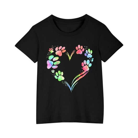 YLSDY Short Sleeve T Shirts for Girls Cute Soft Comfy Cotton Tops Tie Dye Love Dog Paw Print Kids Heart Animal Lover T-Shirt Black 5 Years
