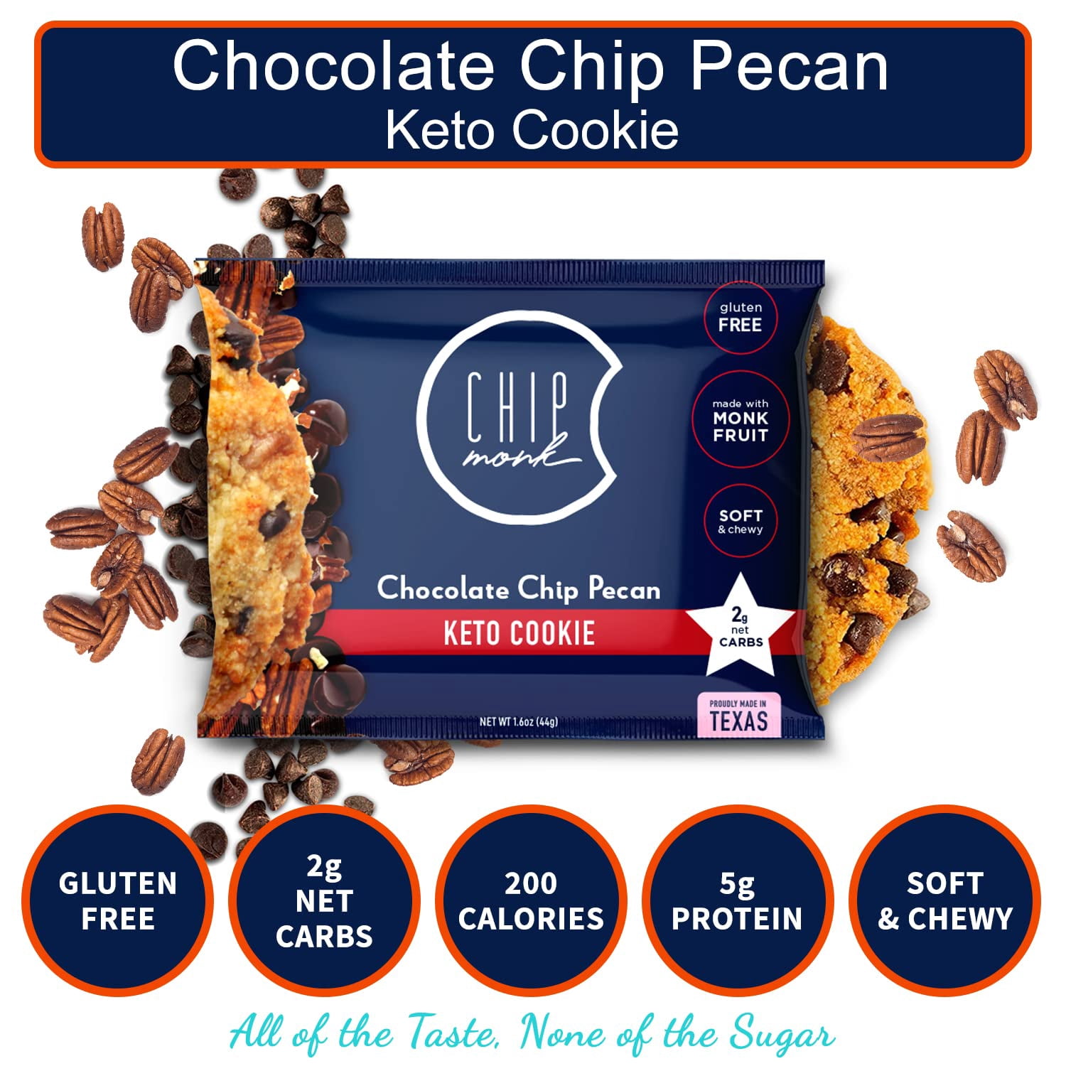 ChipMonk Cookies - Low Carb, Keto, Sugar Free, & Gluten-Free Snack Foods (Chocolate Chip Pecan, 12 pack)