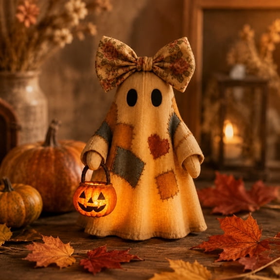 Lighted Vintage Patchwork Ghost, LED Ghost Tabletop Figurine, Vintage Halloween Patchwork Ghosts Lamp, Rustic Fall Figurine Decoration for Mantel Shelf Entryway Porch