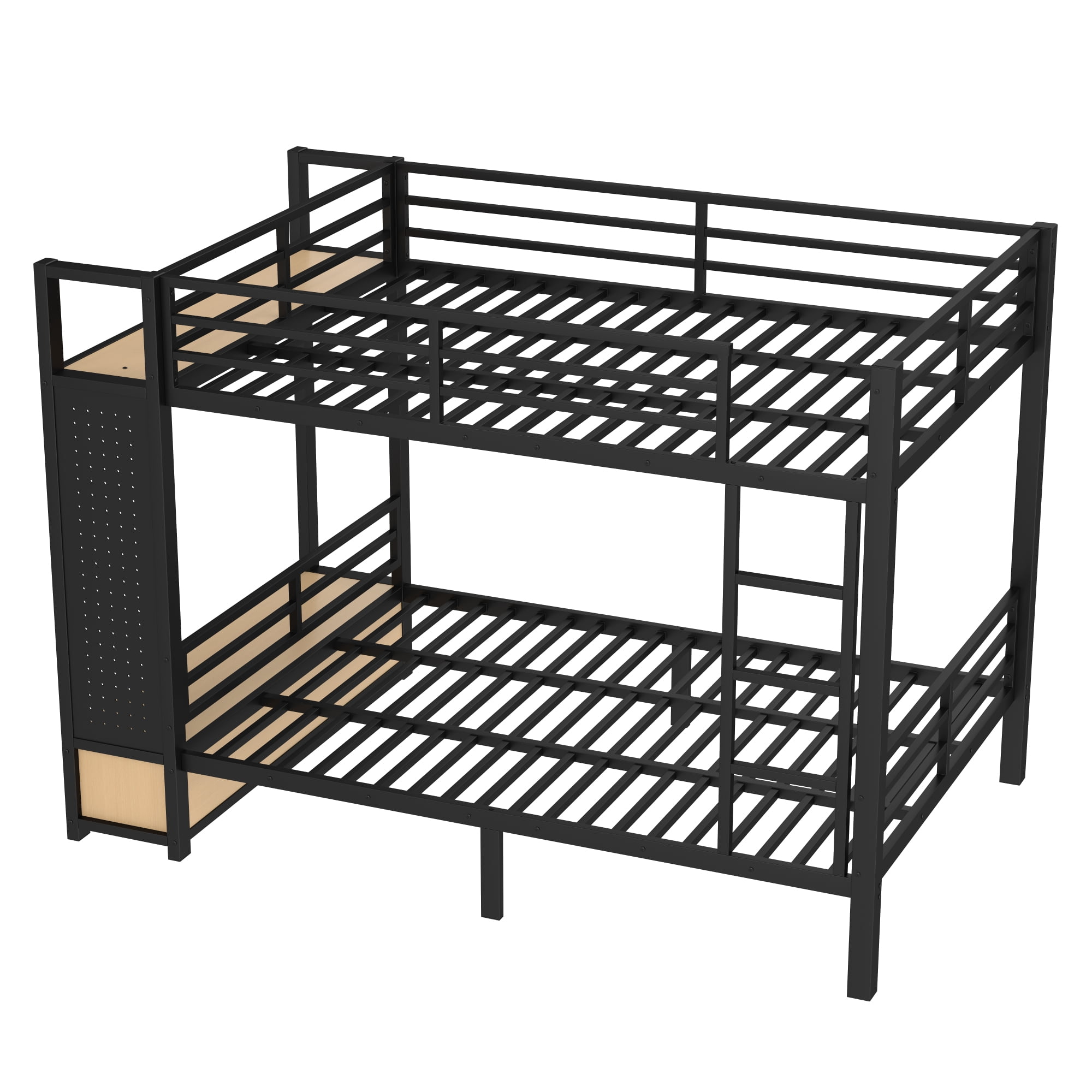 Leumius Full over Full Metal Bunk Bed with Built-in Wardrobe,Heavy Duty Loft Bed Frame with Storage Shelves,Drawers and Pegboard,Space-Saving,Black