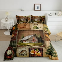 Rustic Deer Bedding Cabin Wild Animal Moose Elk Comforter Set Country Lodge Cabin Duvet Insert Pine Tree Maple Leaves Quilt with 2 Pillow Shams Vintage Grunge Patchwork Lightweight,King