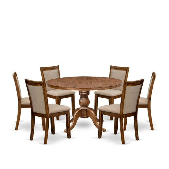 Luxe by East West Furniture 7-Pc Dining Set Of A Pedestal Round Table, 6 Light Tan Fabric Dining Chairs
