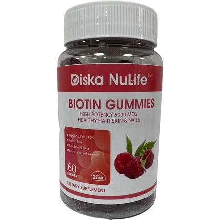 Diska Nulife Biotin Gummies High Potency 5000 MCG For Healthy Hair, Skin & Nails Vegan, Non-GMO & Gluten Free Supplement, Chewable Dietary Supplement-60 Gummies