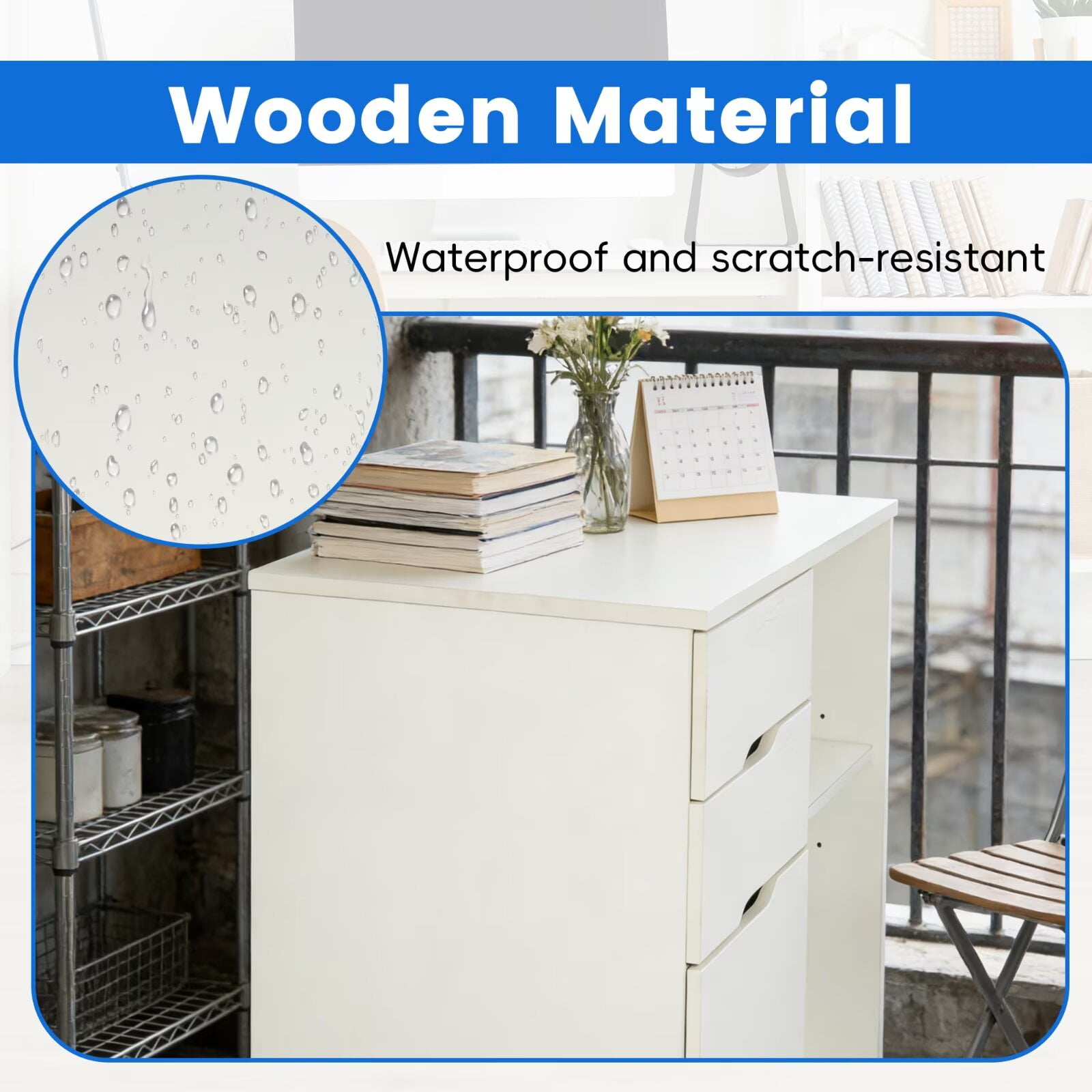 YRLLENSDAN Rolling File Cabinet with Shelves, Wooden Storage Cabinet with 3 Drawers, Lateral Printer Stand with Storage for Home office, White