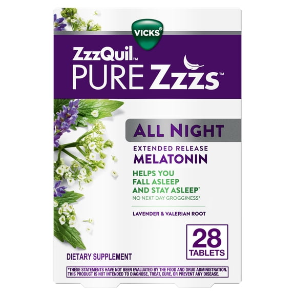 Vicks ZzzQuil Pure Zzzs All Night Extended Release Melatonin Tablets, Dietary Supplement, 28 Count