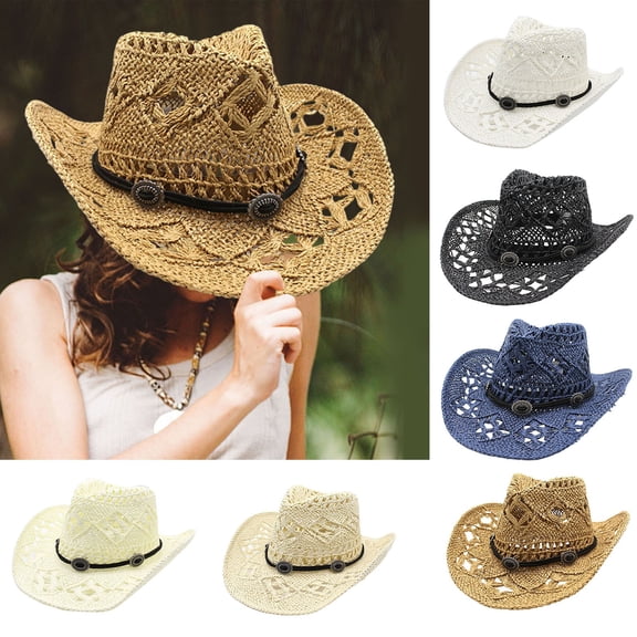 Shadoumai Women's Bohemian Vintage Cowboy Hat, Hollow Out Breathable Sun Shade Curved Brim Beach Fedora Boho Straw Hat for Vacation