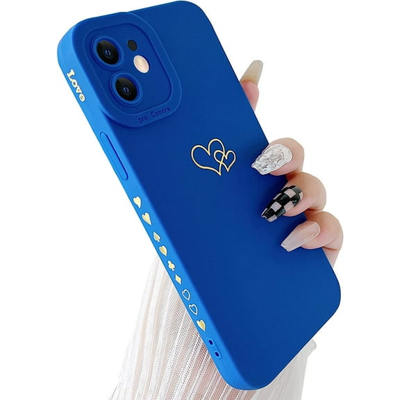 Compatible with iPhone 12 Case (6.1" 2020), Plated Luxury Heart Phone Case Cute Side Pattern Soft TPU Shockproof Full Camera Lens Protective Phone Cases for Women Girls - Klein Blue