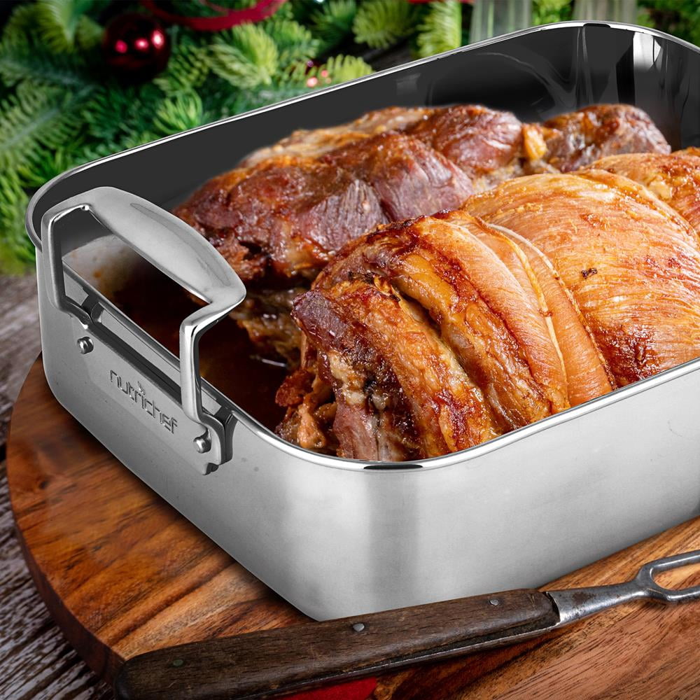 NutriChef Roasting Pan with Polished Rack, Handle, and Stainless Steel - 2 Pieces