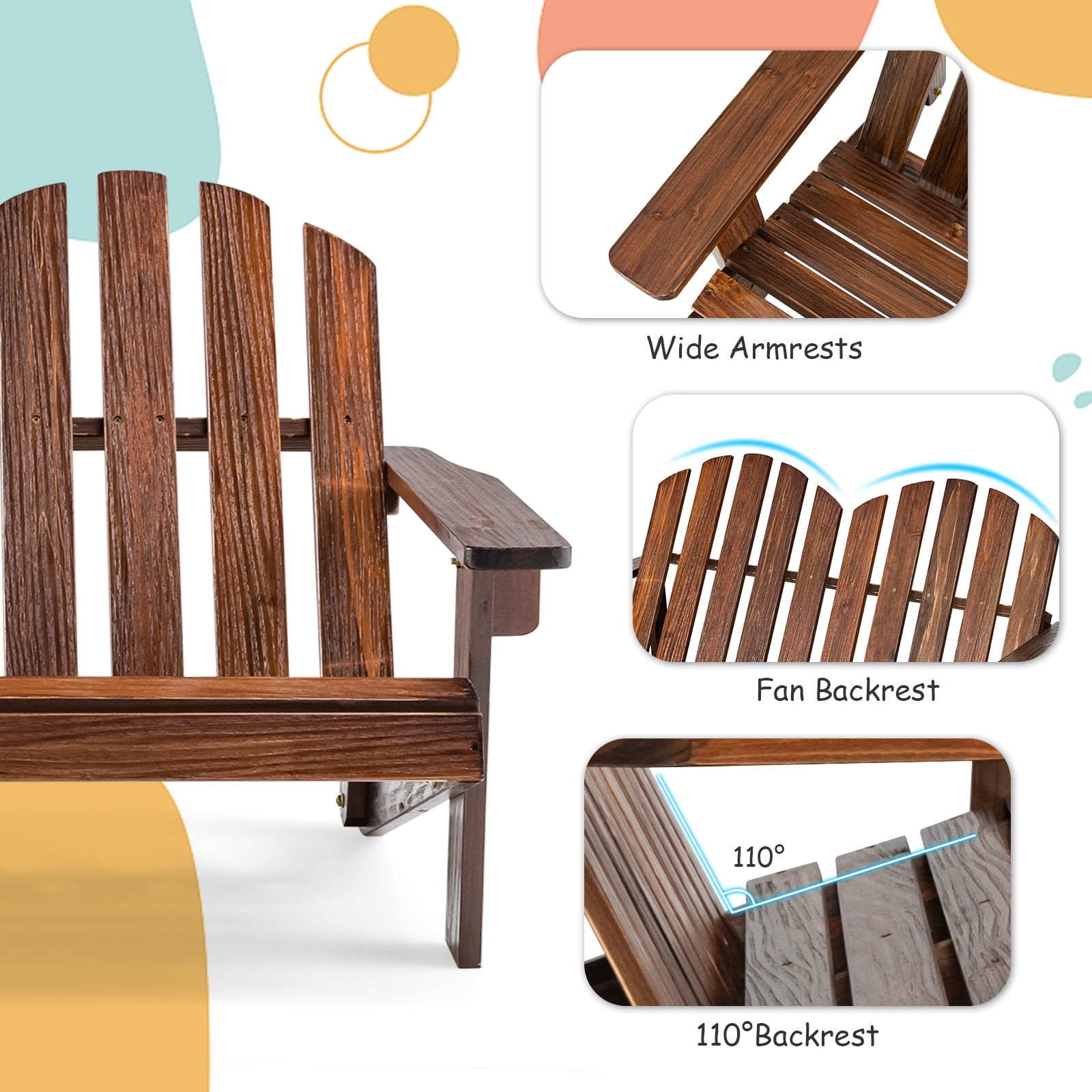 Gymax Kid Adirondack Chair Solid Wood Loveseat Backrest Arm Rest for 2 Person Patio Coffee