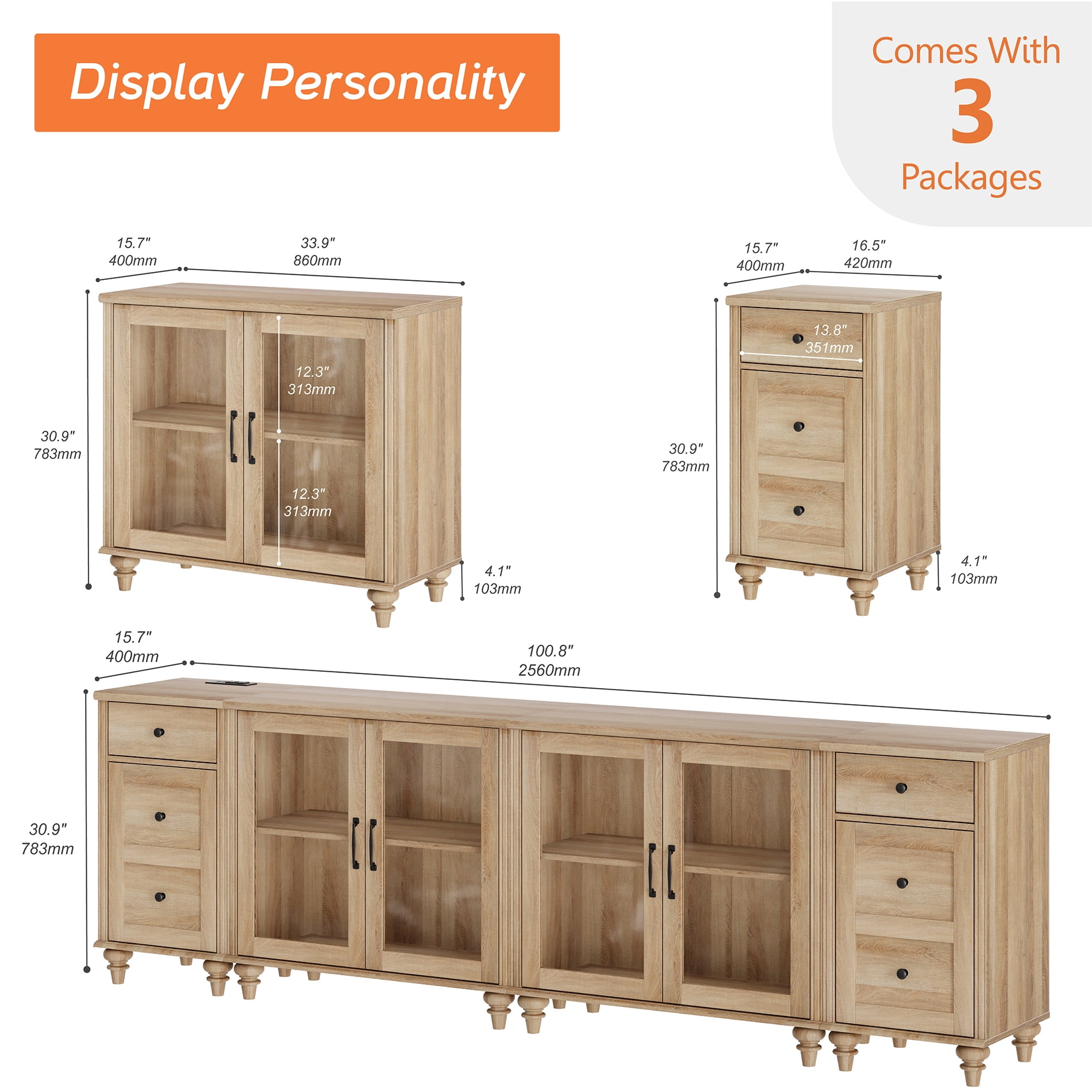 WAMPAT TV Stand for 100 Inch TV, Wooden TV Console Table for 85 90 95 Inch TV, Entertainment Center with Charging Station & Glass Door, Kitchen Sideboard Buffet Cabinet for Dining Room, Oak