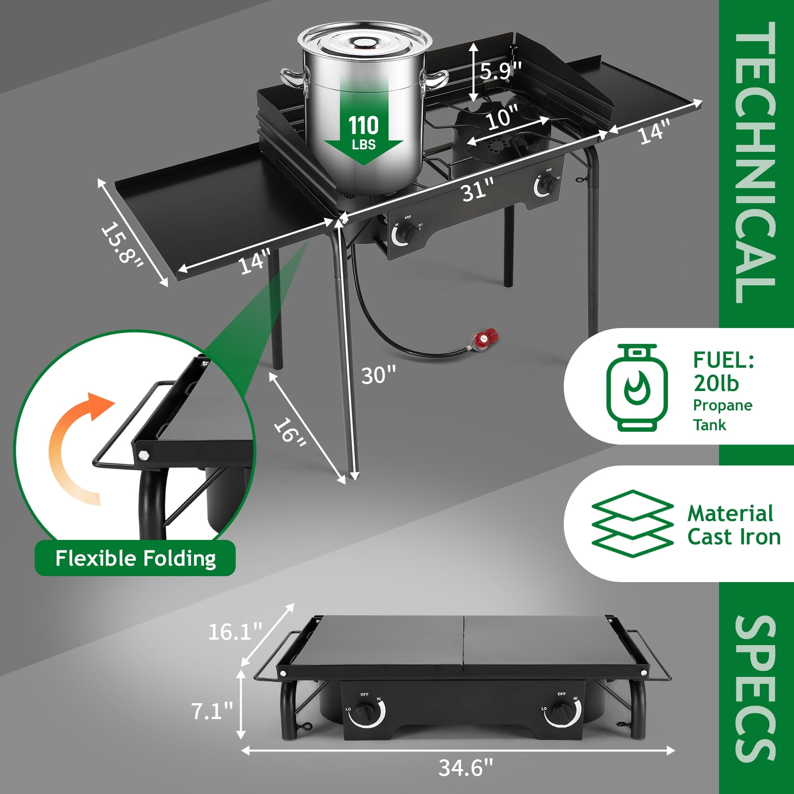 UBesGoo 2 Burner Propane Camping Stove with Wind Panels
