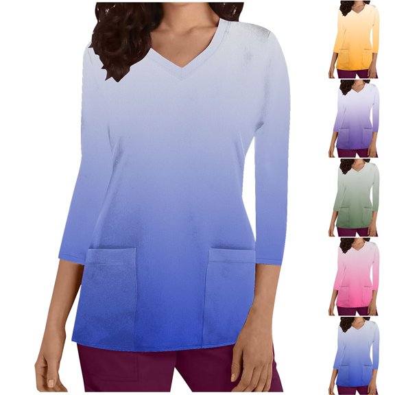 Aboser Womens 3/4 Sleeve Scrubs Tops Trendy Gradient Printed Nursing Shirts Slim Fit Soft Workwear Casual V Neck Uniform Shirt with Pockets