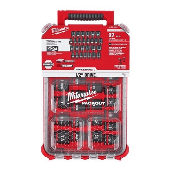 MILWAUKEE SHOCKWAVE Impact Duty Socket Set (27-Piece) – SAE & Metric, 1/2" Drive, PACKOUT Organizer (49-66-6804)