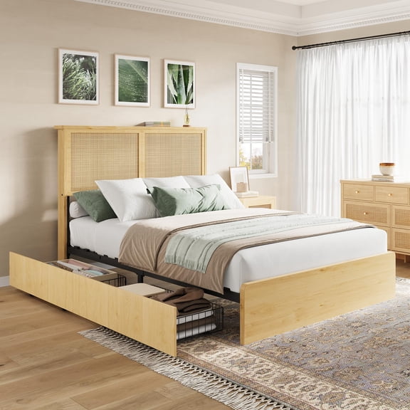 Garvee Queen Rattan Bed Frame with Headboard & Drawers, Wood Bed Frame with Solid Wood Foundation, No Box Spring Needed, Natural