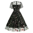thumbnail image 3 of IBTOM CASTLE Women Vintage Dress 1950s Sleeveless Mesh Patchwork Cocktail Swing Dress Floral Embroidery Flare A-Line Dress Wedding Guest Evening Prom Gown M Black Ruffle, 3 of 8