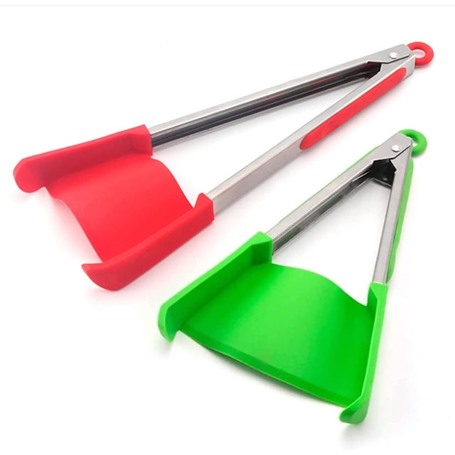 HAHADAXA 2Pcs Creative Food Shovel 2 In 1 Multi Functional Non Stick Silicone Tong Spatula, Tongs Non-Stick Heat Resistant Stainless Steel Silicone Frame Tongs, Kitchen Tool Helper, Food Grad