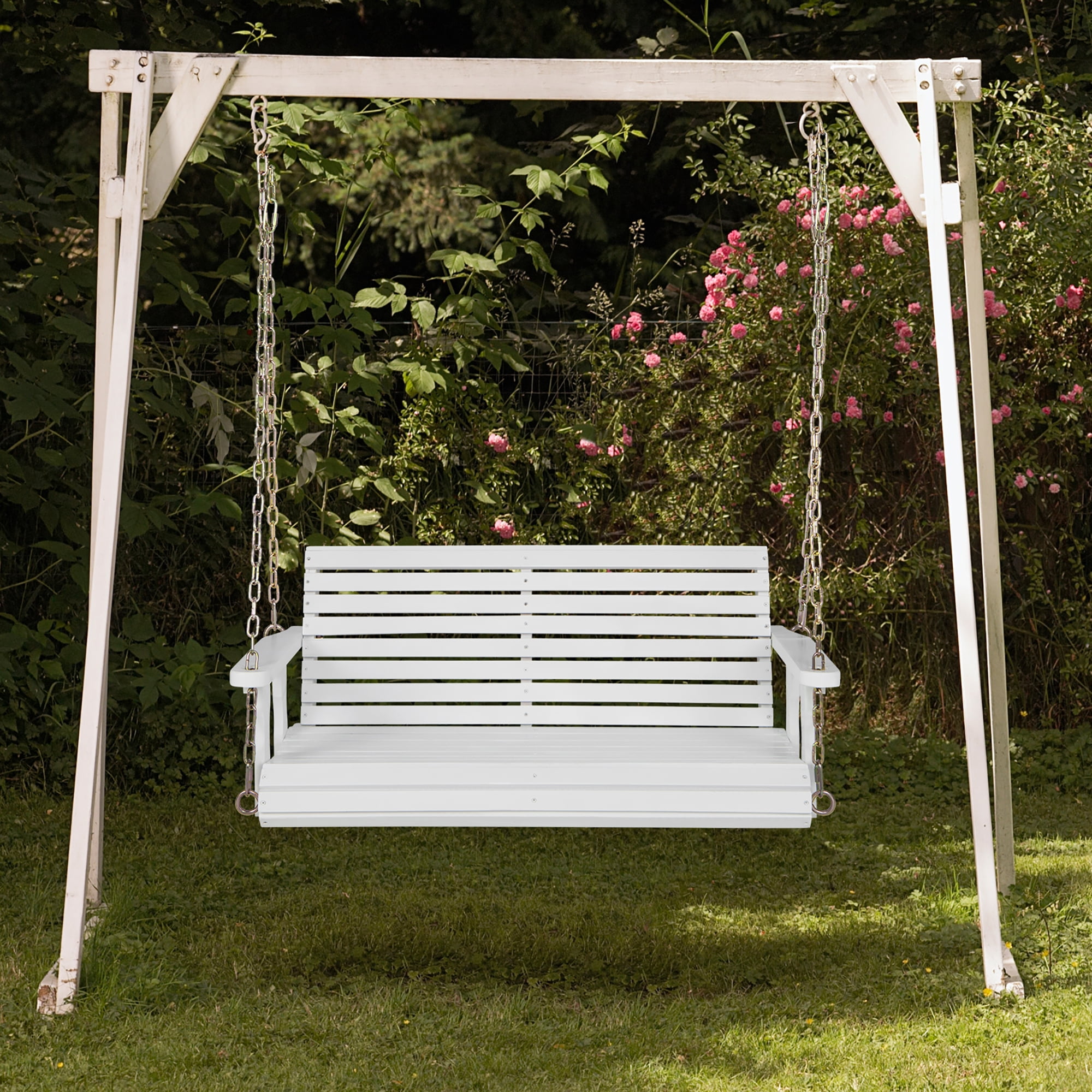 Costway Porch Swing Wood Outdoor Patio Hanging Bench Chair for Garden Backyard White